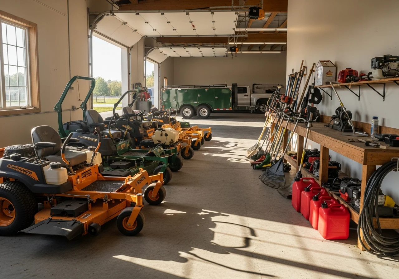 Landscaping crew with professional equipment and tools ready for lawn care service.