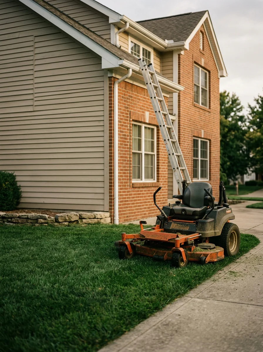 Professional lawn care equipment and gutter cleaning service at McCordsville home near Geist Reservoir area