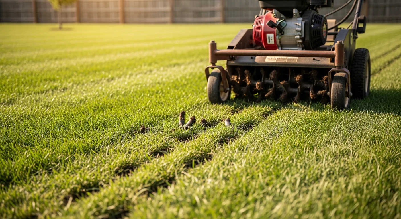 A core aerator pulling soil plugs from a dry residential lawn in Pendleton, Oregon. Small cylindrical plugs of silt loam soil rest on the grass surface after the aeration pass.