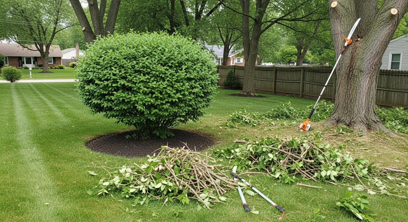 A residential yard in Pendleton, Oregon with freshly trimmed ponderosa pine branches and shaped bushes along a wood fence. Debris is cleared from the lawn and the tree canopy is visibly thinned.