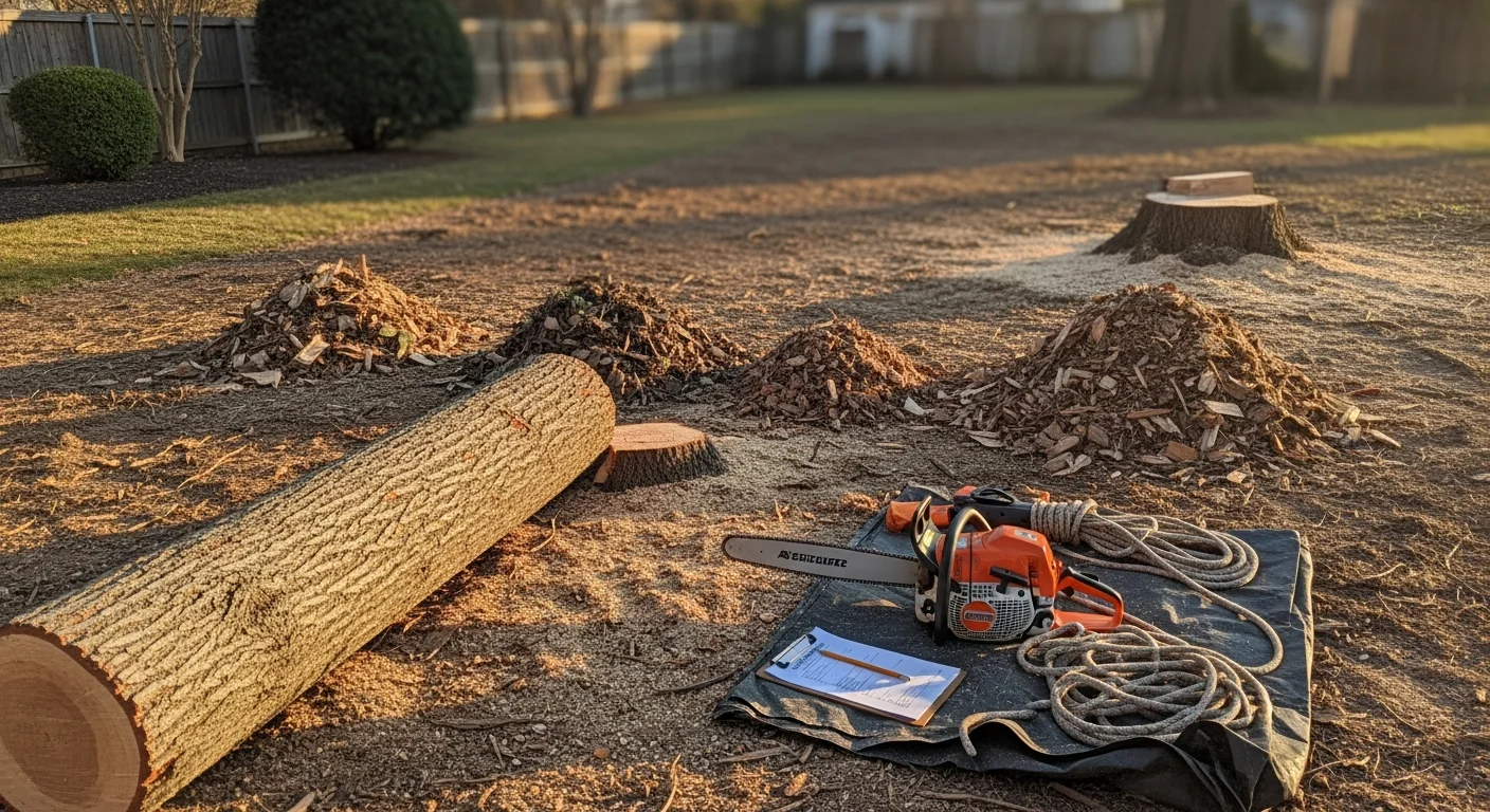 A dead tree with bare branches and peeling bark being removed from a residential yard in Pendleton, Oregon. The surrounding lawn and fence line are visible, with cut sections of the trunk stacked near the work area.