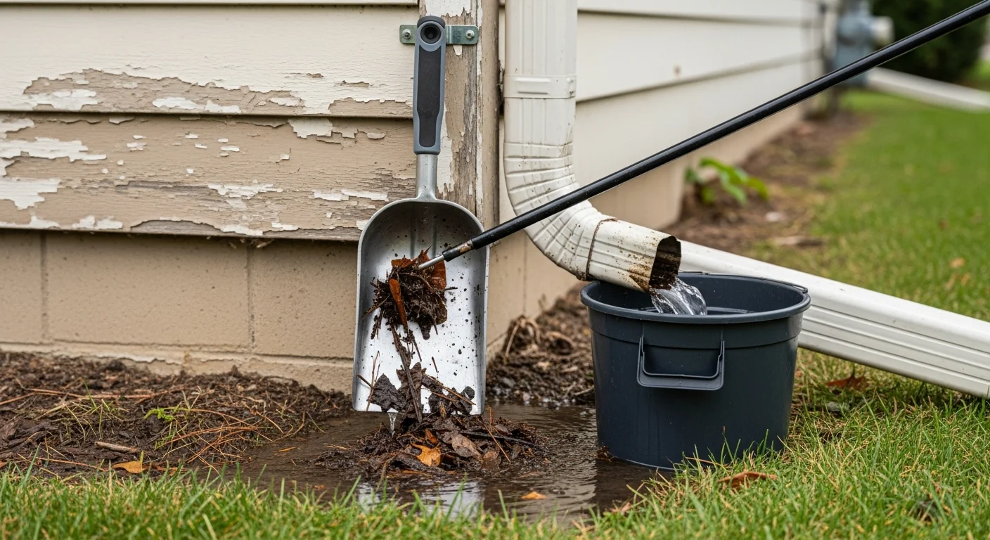 A technician from I Cut Grass LLC flushing a clogged downspout on a single-family home in Pendleton, Oregon. Debris and water flow freely from the downspout outlet onto the ground below after cleaning.