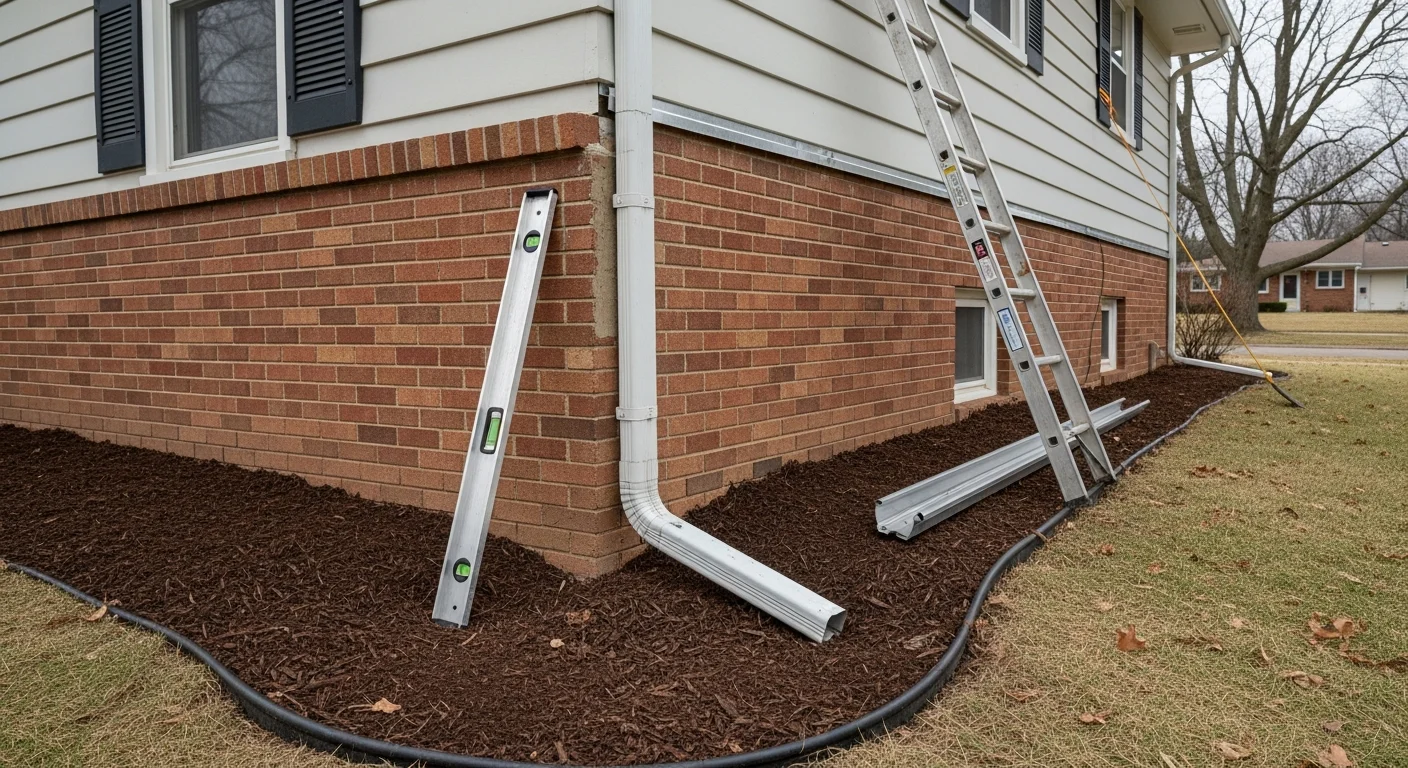 A newly installed downspout on a single-family home in Pendleton, Oregon, directing water away from the foundation along a painted wood fascia. The downspout runs from the roofline gutter to a ground-level splash block on a residential lot.