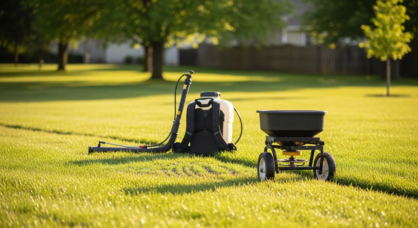 A Pendleton residential lawn showing dense, evenly green turf after fertilization and weed control treatment. A lawn care technician from I Cut Grass LLC applies treatment to a front yard in an Eastern Oregon neighborhood.