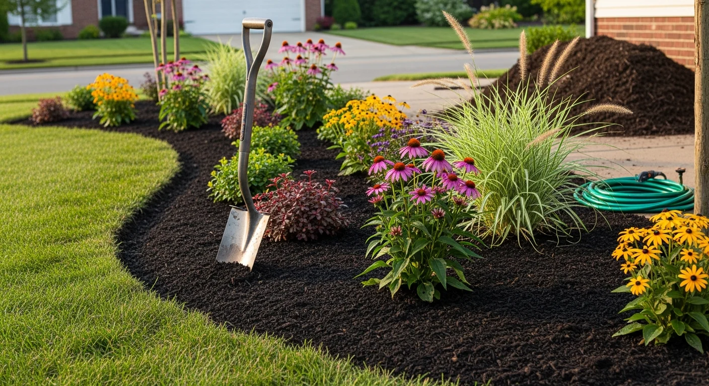 Freshly installed flowering plants and trimmed shrubs along the front foundation of a residential home in Pendleton, Oregon. Mulched planting beds frame the walkway with structured low-water plantings suited to eastern Oregon's dry summer climate.