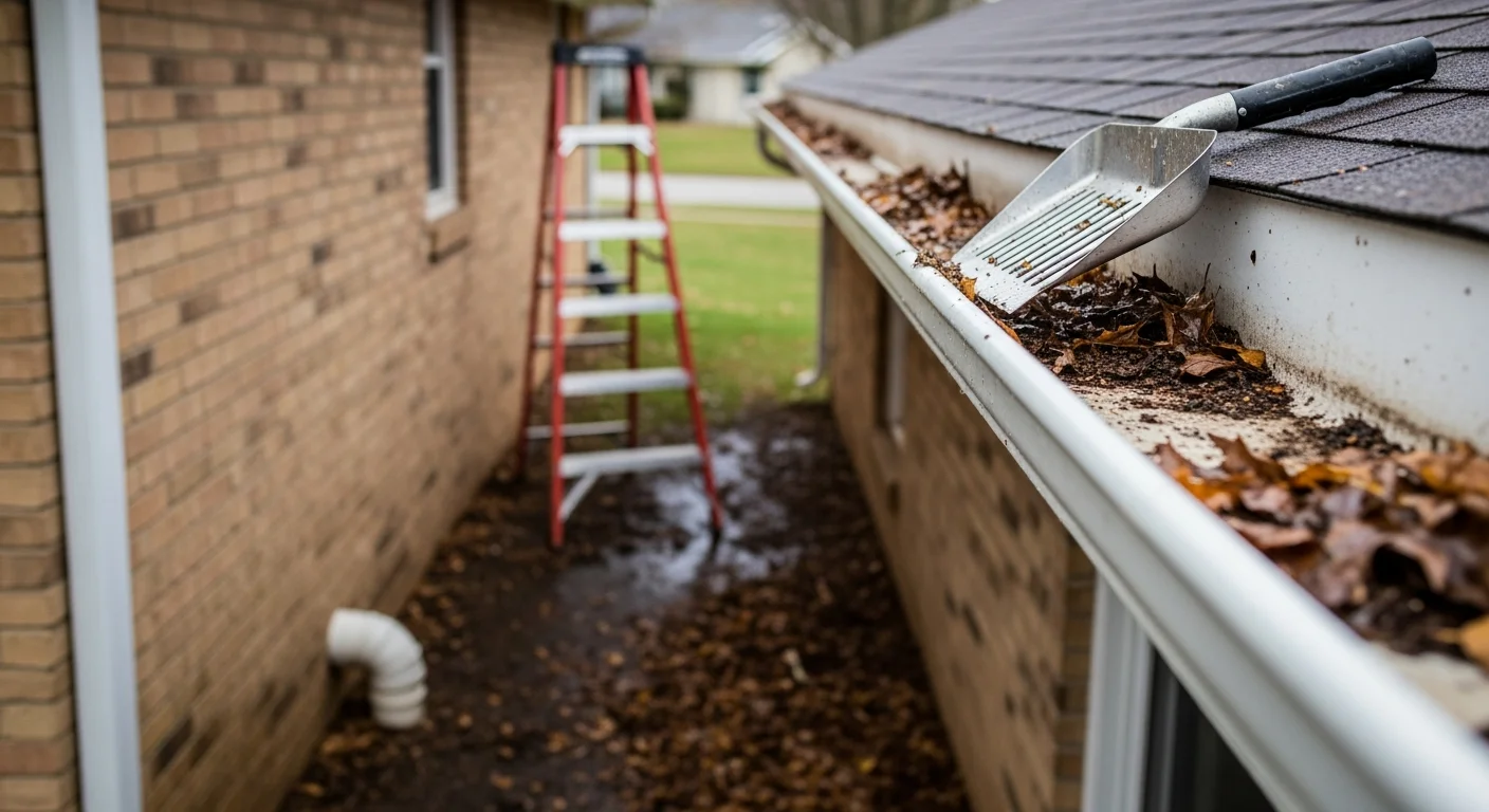 A gutter on a single-family home in Pendleton, Oregon being cleared of packed dust and leaf debris by a professional. Clean water flows freely through the downspout after the service is complete.