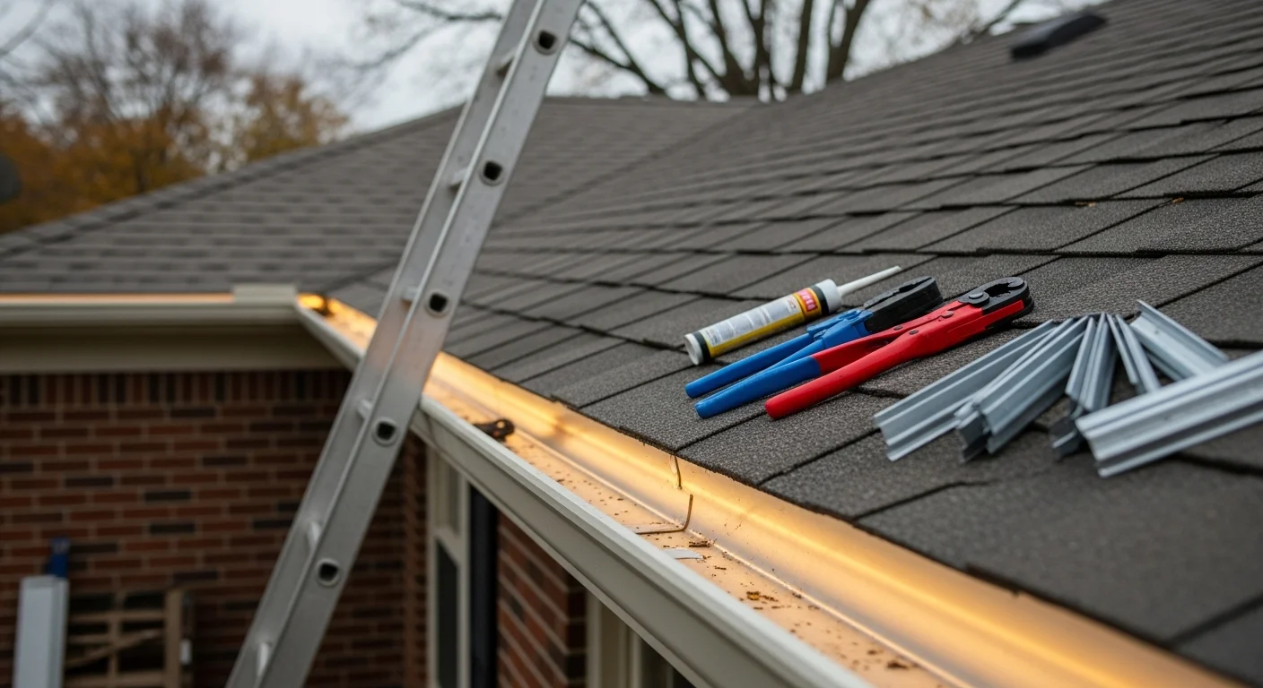 Newly installed gutters running along the roofline of a single-family home in Pendleton, Oregon. A downspout directs water away from the foundation toward a gravel drainage area at the base of the exterior wall.