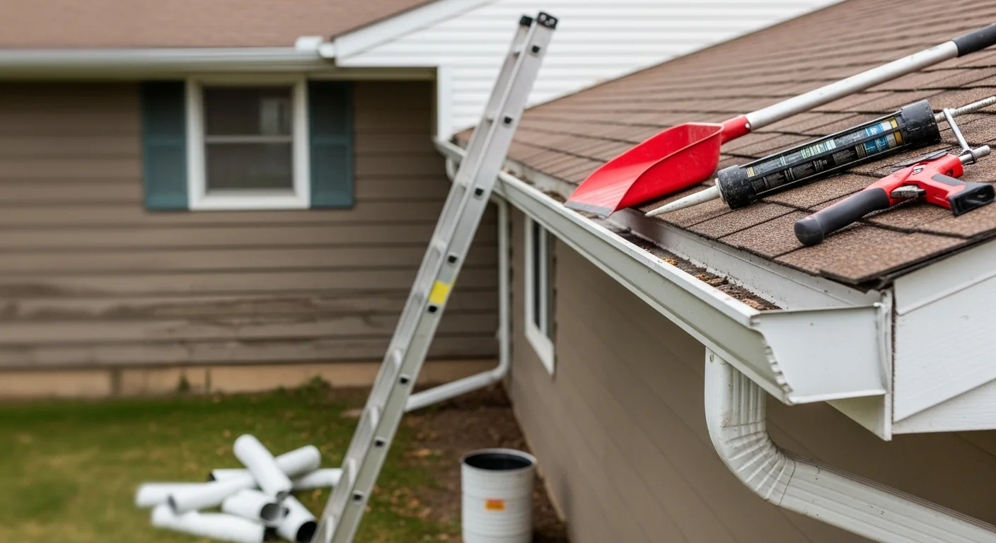 A repaired gutter section on a single-family home in Pendleton, Oregon, with water flowing cleanly through a resealed joint and secured downspout. The home's fascia board and roofline are visible in the background against a clear Eastern Oregon sky.