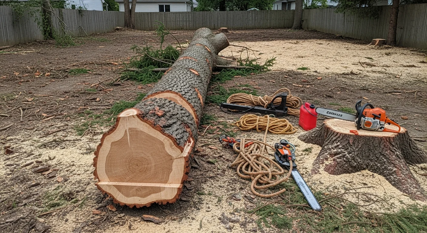 A large hazardous tree being sectioned and removed from a residential yard in Pendleton, Oregon, with cut limbs on the ground and the home visible in the background. A crew member in safety gear works near the trunk while the surrounding fence and lawn remain undamaged.
