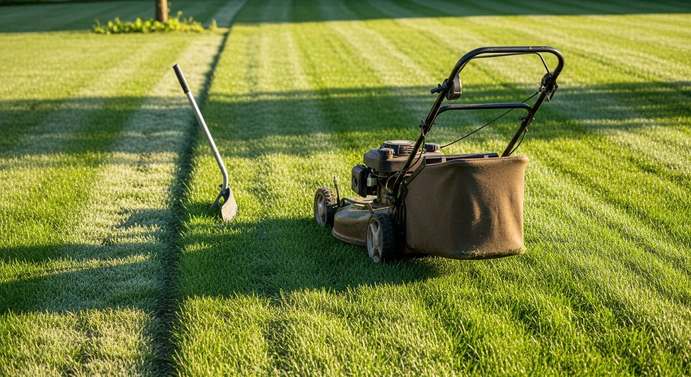 A freshly mowed and edged residential lawn in Pendleton, Oregon, with clean cut lines along a concrete walkway. The yard shows even green turf with trimmed edges against a dry Eastern Oregon summer backdrop.