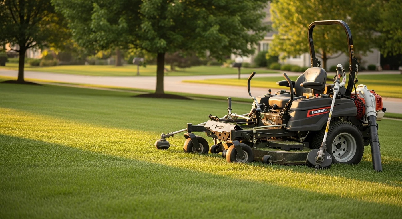A freshly mowed residential lawn in Pendleton, Oregon with clean mowing lines and trimmed edges along a concrete driveway. The yard shows even grass height with no clippings left on the pavement.