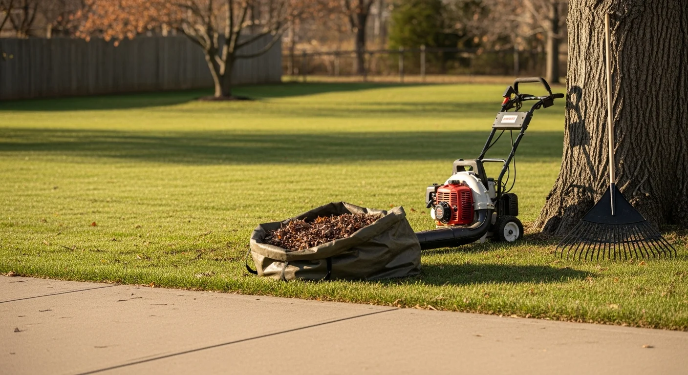 A Pendleton residential backyard with all fallen autumn leaves cleared from the lawn, leaving clean turf and tidy garden beds visible against a backdrop of bare deciduous trees. A crew member from I Cut Grass LLC loads leaf debris into a hauling bag near the fence line.