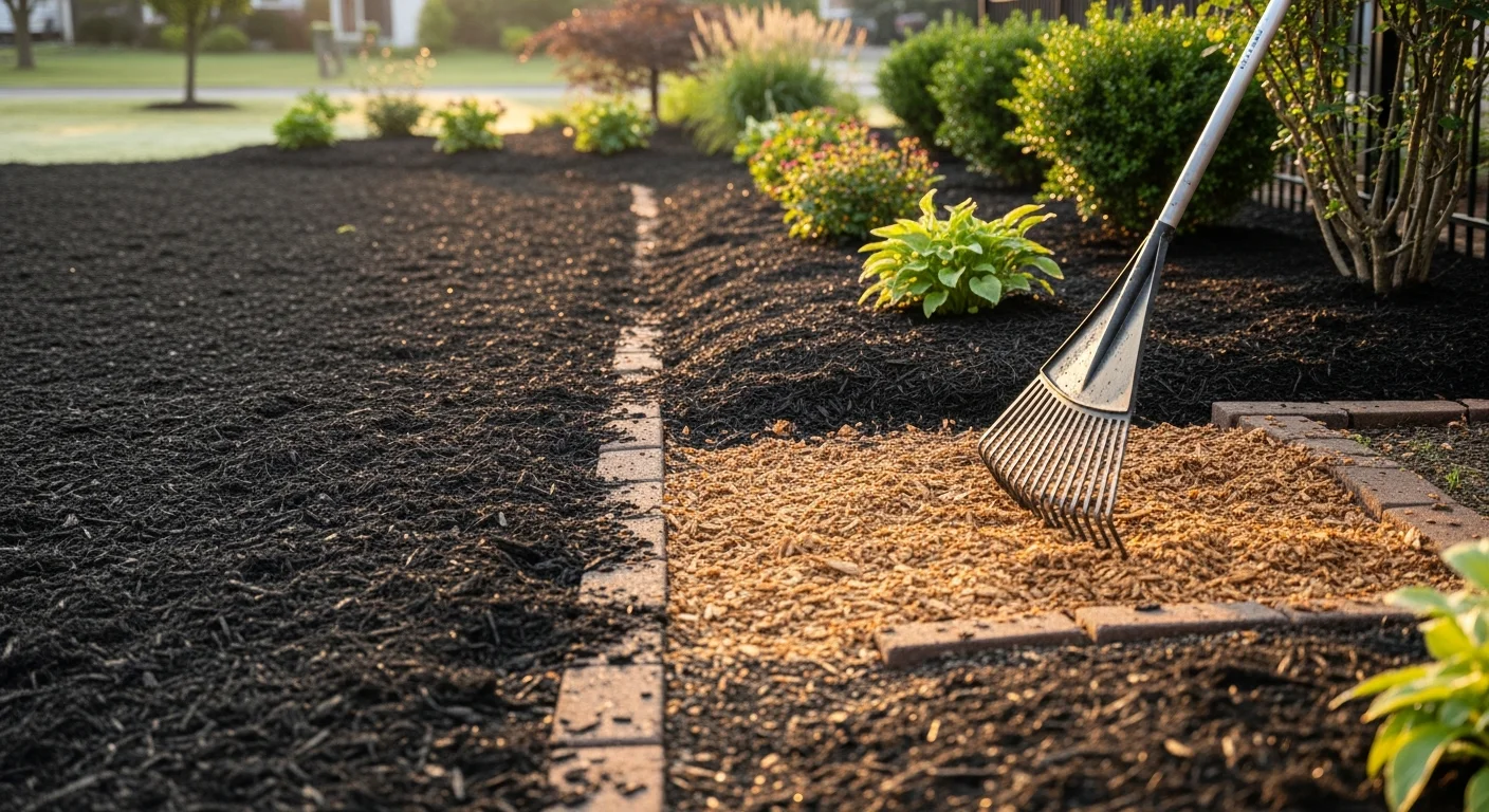 Freshly applied mulch covering a residential garden bed in Pendleton, Oregon, with clean edges along a lawn border. A landscaper from I Cut Grass LLC spreads mulch evenly around established shrubs and plants.