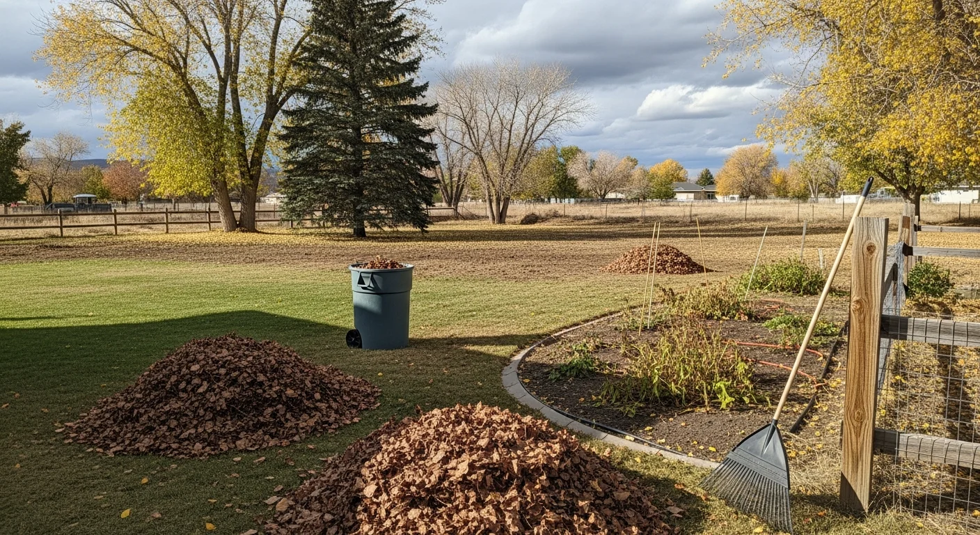 A Pendleton, Oregon residential yard after a fall seasonal cleanup, with cleared garden beds, trimmed shrubs, and a debris-free lawn. Leaf piles have been removed and the turf is visible and tidy ahead of winter.