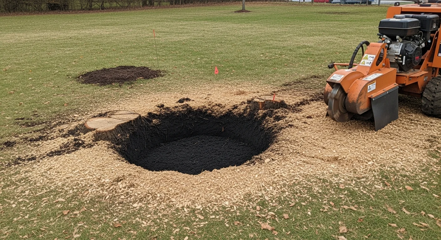 A freshly ground tree stump in a Pendleton, Oregon residential yard, with wood chips spread across the cleared ground and surrounding lawn visible. The area is level and ready for reseeding or landscaping.