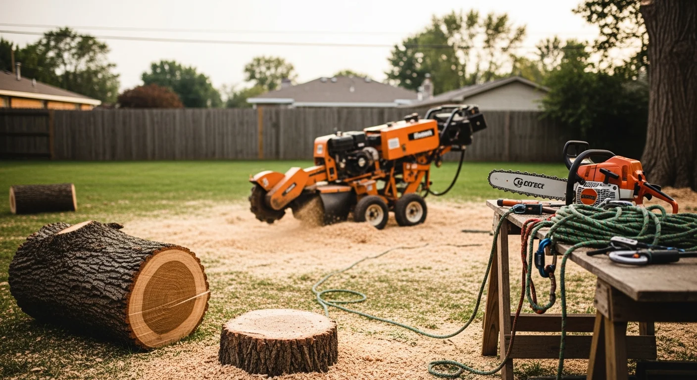 A large tree being removed from a residential yard in Pendleton, Oregon, with cut sections stacked near the cleared stump. A single-story home and wooden fence are visible in the background with no damage to surrounding structures.